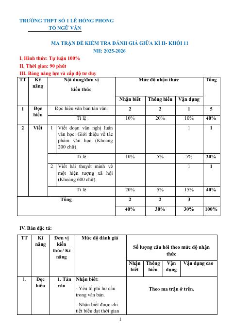 Đề thi Giữa kì 2 Ngữ văn 11 năm 2025-2026 trường THPT số 1 Lê Hồng Phong (Đắk Lắk)